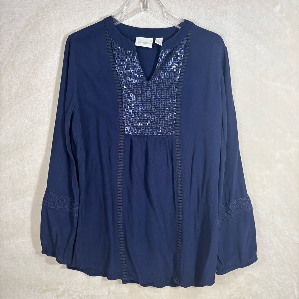 Chico's Navy Sequin Oversized V-Neck Cottagecore Peasant Tunic Top Size Small